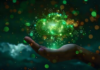 Poster - Magical glowing green cloud computing concept with digital data streams floating above open hand against dark mystical background with bokeh lights.