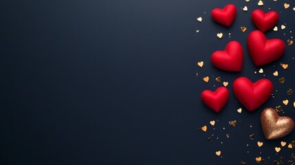 Poster - Red and gold hearts arranged on a dark blue background create a romantic setting ideal for valentine's day, anniversaries, or love themed celebrations with ample copy space