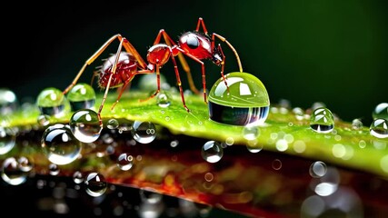 Poster - Close up of red ants on a green leaf with water droplets shimmering in natural sunlight in high-quality 4K resolution