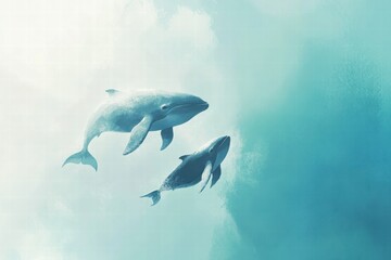 Aufkleber - Mother whale and calf swim gracefully in serene blue ocean waters during the daytime. Generative AI