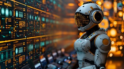 Poster - Futuristic robot in protective armor and helmet against digital interface background with orange bokeh lights, perfect for technology and AI concepts.
