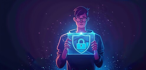 Poster - Futuristic cybersecurity concept showing young Asian male professional holding glowing digital shield with padlock symbol against dark background with tech elements.