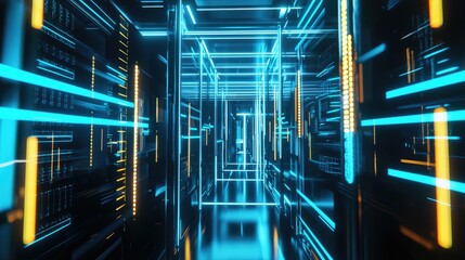 Aufkleber - A 3D render of a futuristic digital background featuring glowing blue and yellow lights in a dark server room corridor, symbolizing cyber security technology. Perfect for cyber security visuals