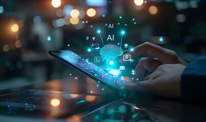 Poster - Futuristic artificial intelligence technology concept showing hands using digital tablet with glowing AI icons and network connections in dark ambient setting.