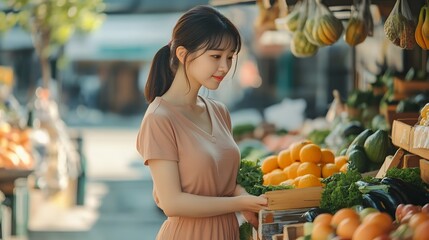 Asian woman in a casual v-neck dress choosing fresh fruits