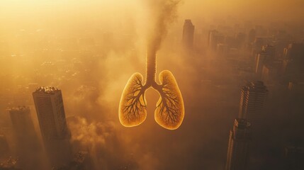 Poster - Realistic representation of lungs surrounded by smog highlighting air pollution and its effects on health in urban environments. Generative AI