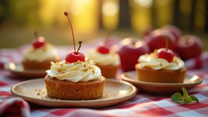 Apple-themed desserts laid out on picnic blanket enhancing harvest experience, Professional stock photo, AI generated photograph