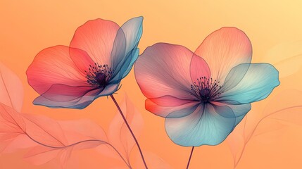 Wall Mural - Two translucent flowers, pink and blue, on orange background.