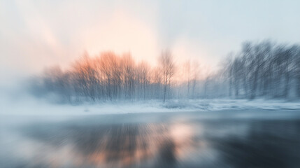 Poster - Early morning fog envelops a quiet winter landscape by a serene river