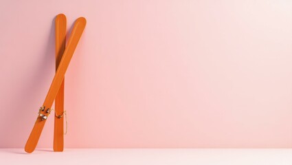 Poster - Ski poles in orange on right. Soft coral background. Copy space for text, 3D render AI Generated Designer Element