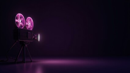 Poster - Violet cinema camera on right. Soft yellow background. Copy space for text, 3D render AI Generated Designer Element