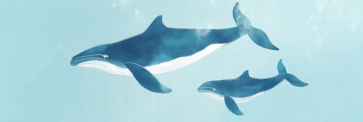 Poster - Mother whale and her calf swim gracefully in clear blue ocean waters during a sunny day. Generative AI