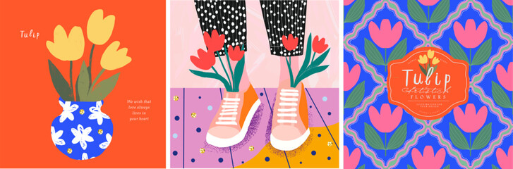 Fototapete - Tulip flowers. Stylish vector tulip flower and bouquet illustrations with vibrant colors, modern seamless pattern, and playful design. Perfect for spring-themed poster, card, and decorative background