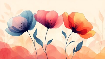 Wall Mural - Three translucent layered flowers in blue, pink, orange tones, botanical.