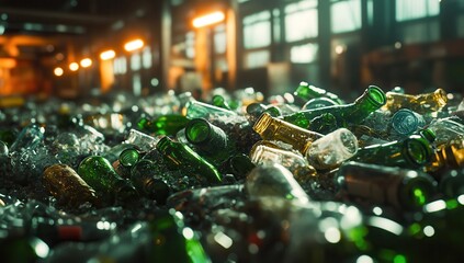 recycling center filled with discarded glass bottles and containers, concept of waste management and