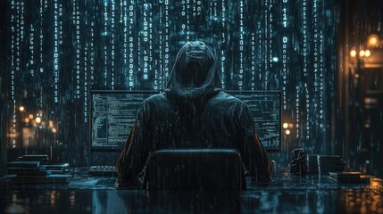 Fototapete - Hooded Hacker Working Late at Night on a Computer