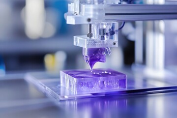 Poster - Advanced 3D printer creating a purple resin object in a modern workshop
