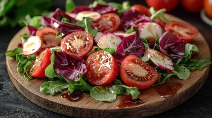 Wall Mural - Fresh tomato and radicchio salad with arugula on rustic wooden board