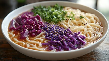 Wall Mural - Vibrant udon noodle bowl with red cabbage, purple flowers, and fresh scallions