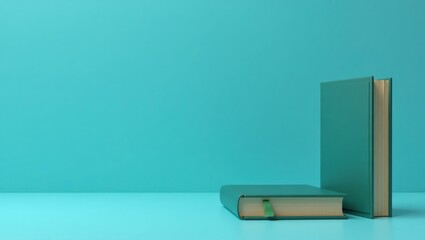 Poster - Rich teal philosopher's book on right. Soft yellow background. Copy space for text, 3D render AI Generated Designer Element