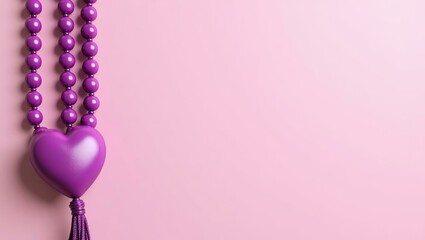 Poster - Rich violet prayer beads on left. Soft pink background. Copy space for text, 3D render AI Generated Designer Element