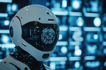 Fototapete - Futuristic robot with advanced interface in a tech-rich environment