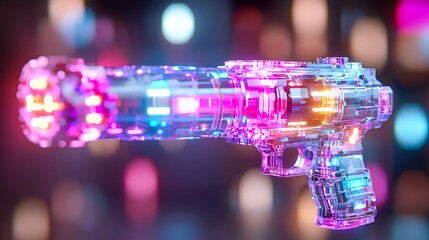 Poster - Futuristic transparent pistol with colorful neon lights.