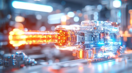 Poster - Futuristic transparent machine with glowing orange core, detailed internal mechanics visible, set in a blurred industrial background.