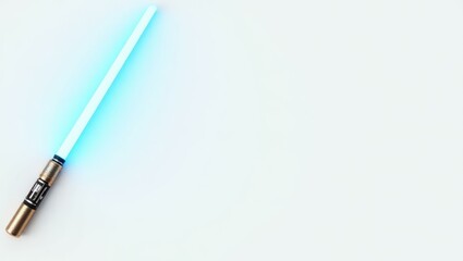Poster - Blue lightsaber on left. Soft orange background. Copy space for text, 3D render AI Generated Designer Element