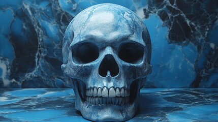 Wall Mural - A skull with blue paint on it is sitting on a blue marble surface