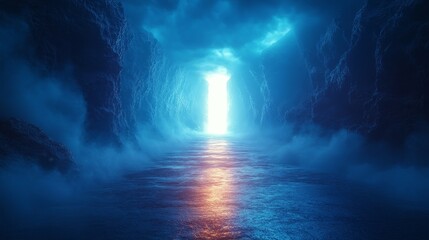 Poster - A blue and white image of a tunnel with a light shining through it