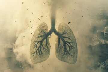 Poster - Realistic lungs illustrate the impact of pollution amid urban smog and dust particles in a city landscape. Generative AI