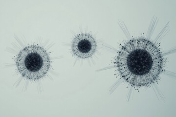 Poster - Graphical representation of minimalistic virus design showcasing three distinct formations in black and white colors. Generative AI