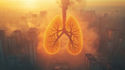 Poster - Awareness of pollution impact on lungs in a smog filled urban landscape during sunset. Generative AI