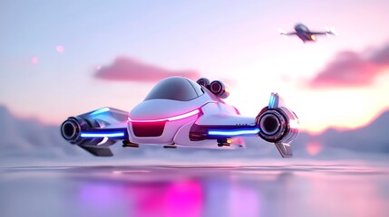 Poster - Futuristic white spaceship flying low over a snowy landscape at sunset.