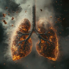 Poster - Realistic lungs engulfed in smog and dust particles illustrate impact of pollution on respiratory health. Generative AI