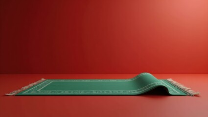 Poster - Malachite green prayer rug on right. Soft coral background. Copy space for text, 3D render AI Generated Designer Element