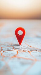 Poster - Red push pin marking a specific location on a blurred paper map suggesting navigation, travel and exploration, with a blurry background and warm lighting creating a sense of adventure and discovery