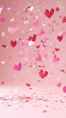 Poster - Pink and red hearts are gently falling onto a pink surface covered with confetti, creating a dreamy and romantic atmosphere, perfect for valentine's day, anniversaries, or any celebration of love