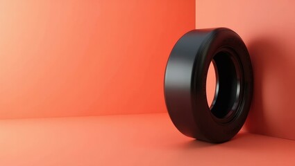 Poster - Midnight black race car tire on left. Soft orange background. Copy space for text, 3D render AI Generated Designer Element