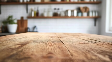 Poster - Empty wooden table provides a warm and inviting space in a rustic kitchen, perfect for showcasing culinary creations or gathering with family and friends