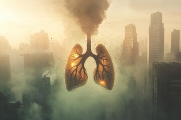 Poster - Realistic lungs depicted amidst heavy smog and dust particles in a cityscape at dawn highlighting pollution effects. Generative AI