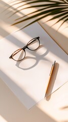Aufkleber - Eyeglasses and a golden pen are lying on a sheet of white paper under the shadow of a palm tree leaf, creating a relaxing and productive workspace atmosphere