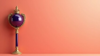 Poster - Royal purple and gold scepter on right. Soft white background. Copy space for text, 3D render AI Generated Designer Element