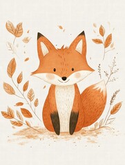 Poster - Illustrated fox sitting gracefully among minimalist leaves in a natural setting with soft earth tones. Generative AI