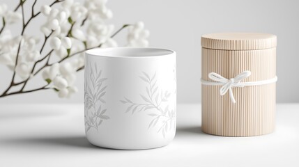 Canvas Print - White ceramic mug with leaf design beside a bamboo container and blossom branch on white background.