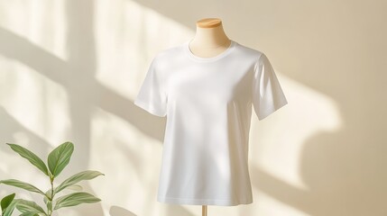 Poster - White t shirt mockup displayed on a mannequin in a minimalist setting with natural light and shadows, accompanied by a green plant, creating a clean and stylish presentation for apparel design