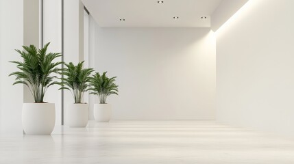 Aufkleber - Potted plants lining a bright, minimalist hotel corridor create a welcoming and relaxing atmosphere for guests arriving and enjoying their holiday