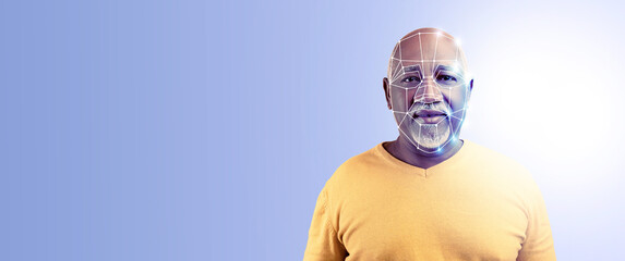 Poster - A man stands confidently, showcasing advanced facial recognition technology. The digital overlay illustrates identification features, highlighting modern advancements in technology.