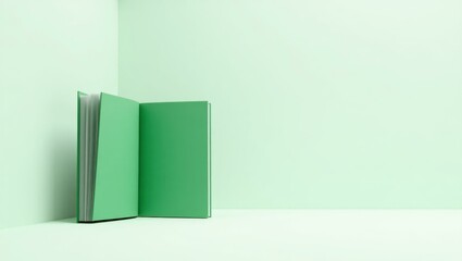 Poster - Emerald green open book on left. Soft pink background. Copy space for text, 3D render AI Generated Designer Element